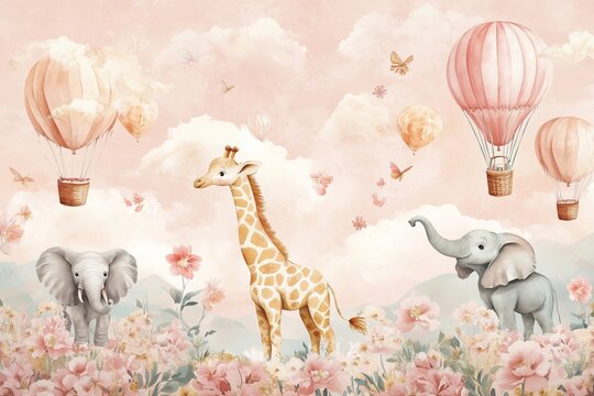 Fototapeta A kids' wallpaper mural featuring cycling animals with balloons, including a giraffe and elephant, set against a watercolor pink background. The design includes hot air balloons, blooming flowers 