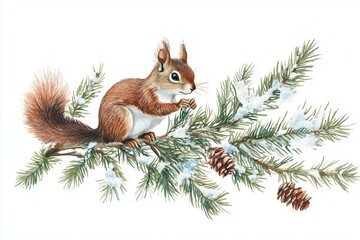 A watercolor fir branch and squirrel Christmas card. 