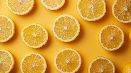 Fototapeta premium Fresh sliced lemons on a vibrant yellow background