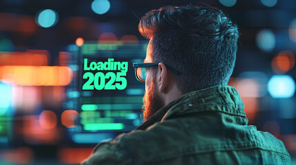 Year 2025 Loading... A futuristic coder stares intently at his screen, the glow of the code illuminating his focused face.  The year is almost here!