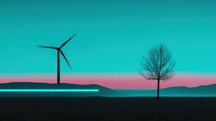 Obraz premium Futuristic landscape with wind turbine and lone tree at twilight. Neon glow illuminates the scene.