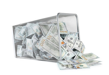 Many dollar banknotes and overturned trash bin isolated on white