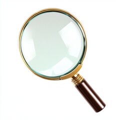 A classic magnifying glass with a gold rim and wooden handle, reflecting light elegantly against a white background.