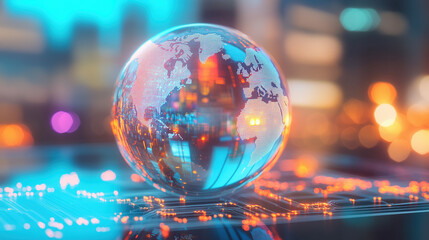 Futuristic 3D Glass Globe with Glowing Circuitry Depicting Global Supply Chains and Logistics