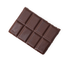 Piece of delicious dark chocolate bar isolated on white, top view