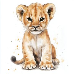 Obraz premium Adorable watercolor illustration of a baby lion cub sitting. Detailed and cute animal art perfect for decor and design use.
