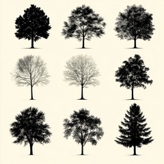 Artistic collection of nine distinct tree silhouettes, showcasing various leaf shapes and seasonal appearances.