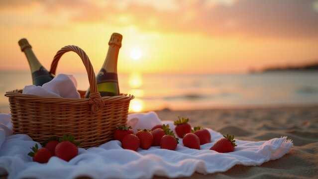The image shows a basket of strawberries and two bottles of champagne on a sandy beach at sunset. The basket is made of wicker and has a white cloth inside.
