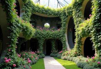 Fototapeta premium The Architectural Symphony of Nature Where Vines and Flowers Embrace Walls