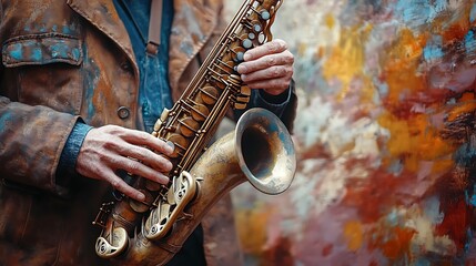 Obraz premium Close-up Photo: Skilled Musician Gracefully Playing a Vintage Saxophone Against a Vibrant, Textured Wall. AI Generated