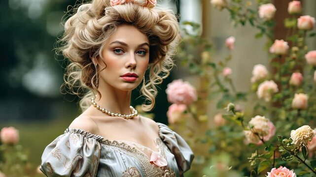 beautiful young woman in baroque dress with high hairstyle in rose garden, 18th century, victorian style
