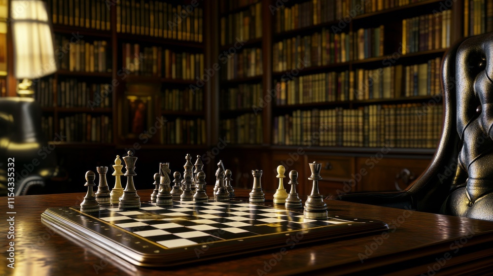 Poster Chessboard and pieces set up on an antique table in a serene library, A tranquil indoor library with chess game setup, Intellectual game style