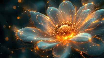 Obraz premium Glowing teal and gold fractal flower with sparkling petals and bokeh background.