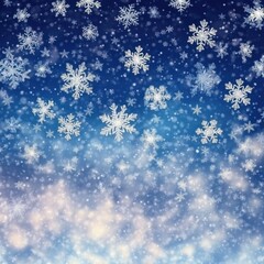Fototapeta premium A serene winter scene with delicate snowflakes falling against a gradient blue backdrop, evoking a tranquil, festive mood.
