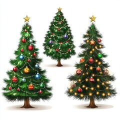 Three festive Christmas trees adorned with colorful decorations and twinkling lights.