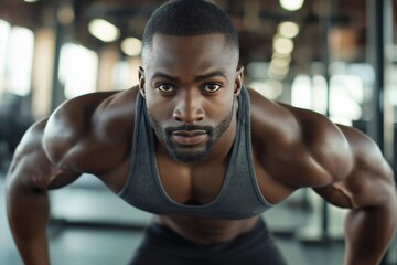 Fototapeta premium A strong athlete demonstrates intense determination during a workout, showcasing his physique and focus.