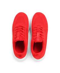 Pair of stylish red sneakers isolated on white, top view