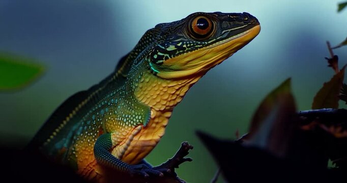 Veiled chameleon perched on a thin branch, eyes rotating independently as it scans its surroundings in high detail. Lush soft darki background with blurred foliage
