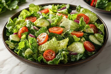 Fresh and colorful salad bowl kitchen table food photography indoor setting aesthetic appeal