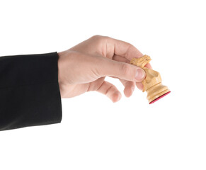Man holding chess knight on white background, closeup. Competition concept © New Africa