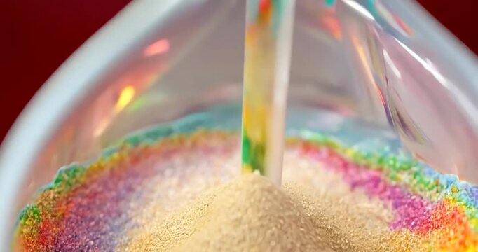 vibrant, multicolored hourglass Sand falls gracefully from the upper chamber to the lower, creating mesmerizing patterns as the colorful sand blends together