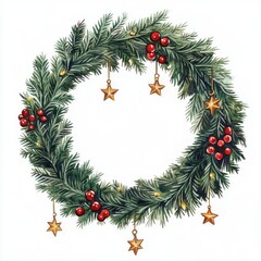 A vibrant holiday wreath adorned with red berries and golden stars, symbolizing the festive spirit of Christmas.
