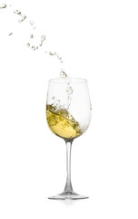 Tasty wine splashing in glass on white background