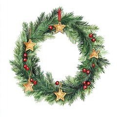 A festive green Christmas wreath adorned with red berries and golden stars, perfect for holiday decorations.