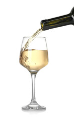 Pouring wine into glass on white background