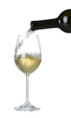 Pouring wine into glass on white background