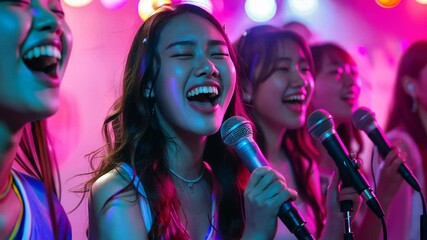 asian young women singing karaoke, girls with microphones, singer, party in karaoke bar