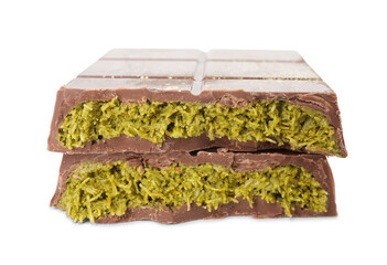 Pieces of tasty Dubai chocolate with pistachios and knafeh isolated on white