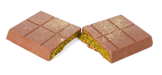 Pieces of tasty Dubai chocolate with pistachios and knafeh isolated on white