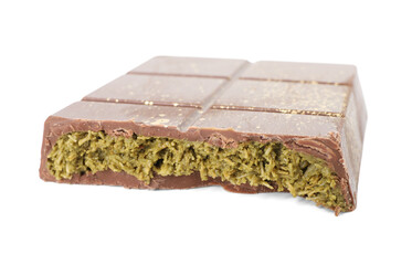 Piece of tasty Dubai chocolate with pistachios and knafeh isolated on white