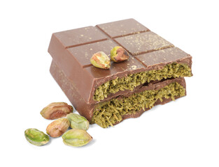 Pieces of tasty Dubai chocolate with pistachios and knafeh isolated on white