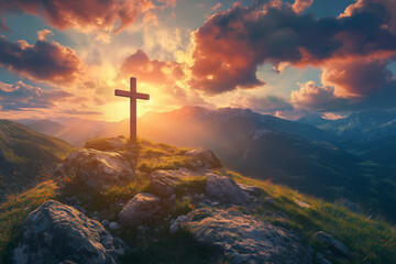 Fototapeta premium Christian Cross at Sunset with Dramatic Lighting Clouds and Sunbeams Inspirational Easter Resurrection Concept
