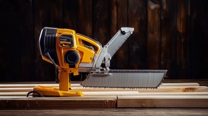 Fototapeta premium A powerful electric saw in action, showcasing its sharp blade and sturdy design against raw wooden planks.