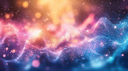 Obraz premium Abstract digital waves with vibrant colors and glowing particles.