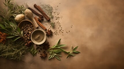 Assortment of Fresh Herbs and Spices on Brown Surface: Aesthetic Culinary Image for Kitchen Projects, Marketing Materials, and Gastronomic Design