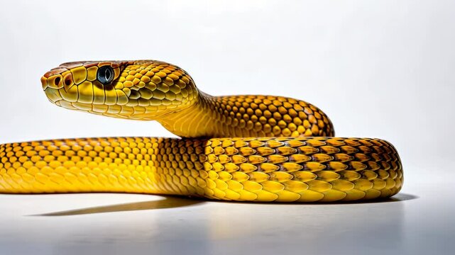 Exotic small yellow snake on a white background.