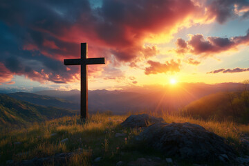 Christian Cross at Sunset with Dramatic Lighting Clouds and Sunbeams Inspirational Easter Resurrection Concept