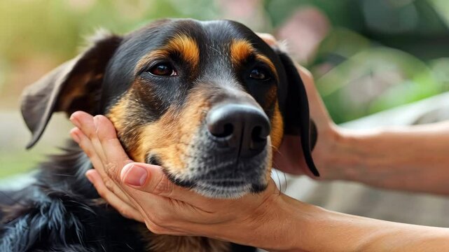 Female hands petting a stray dog. Caring for abandoned pets.