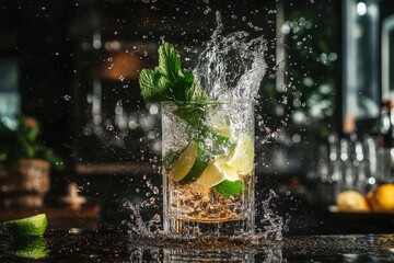 Refreshing cocktail splashes in a glass with lime and mint in a dimly lit bar