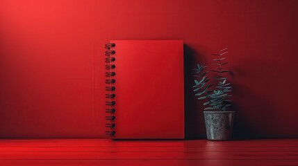 A red notebook sits on a table next to a potted plant