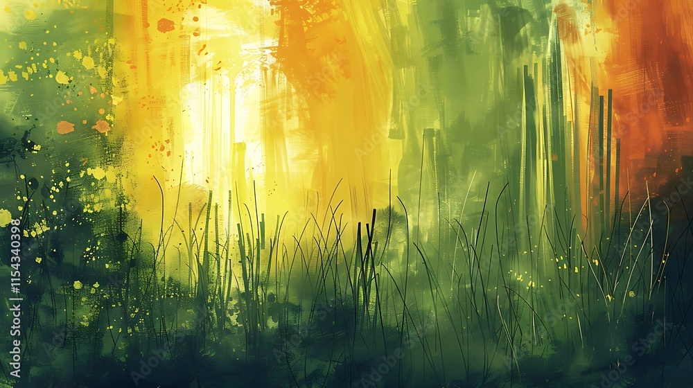 Poster Abstract yellow background with grass and rays of light