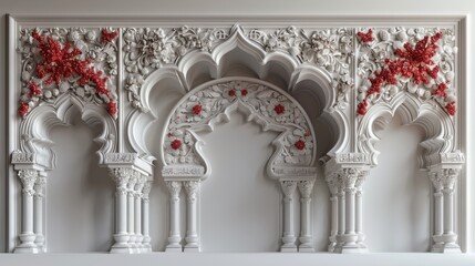 Fototapeta premium A white archway with red flowers and leaves