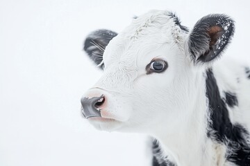 A young, black and white calf stands in the snow, its gaze directed to the side, showcasing its innocence and beauty.