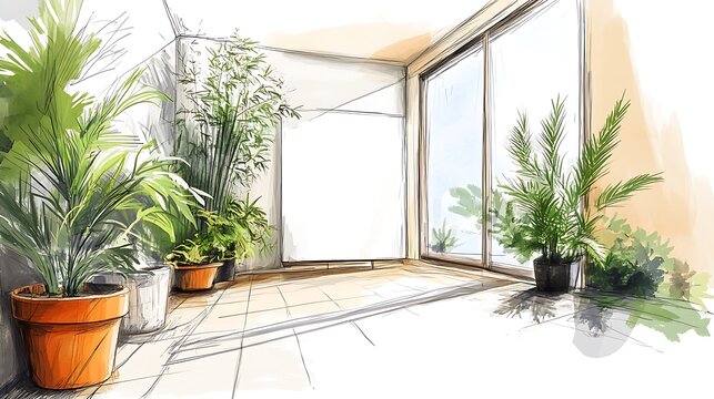 Serene Indoor Garden Illustration: Lush Greenery Flourishes Brightly in Sunlit Room. AI Generated