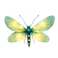 Watercolor Illustration of a Vibrant Green and Yellow Dragonfly, Whimsical Nature Design on Transparent Background