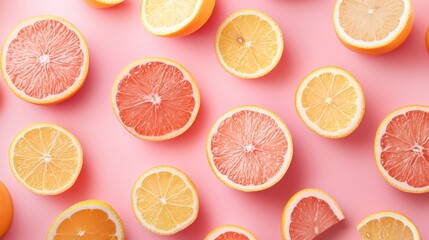 Slices of fresh oranges and grapefruits on a pink background